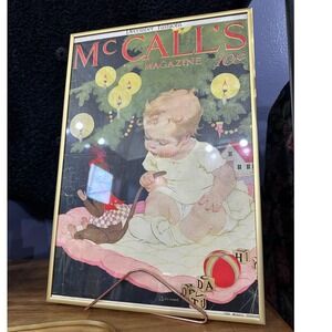 Vintage McCalls Magazine Cover December Christmas Baby Monkey Framed Art Print